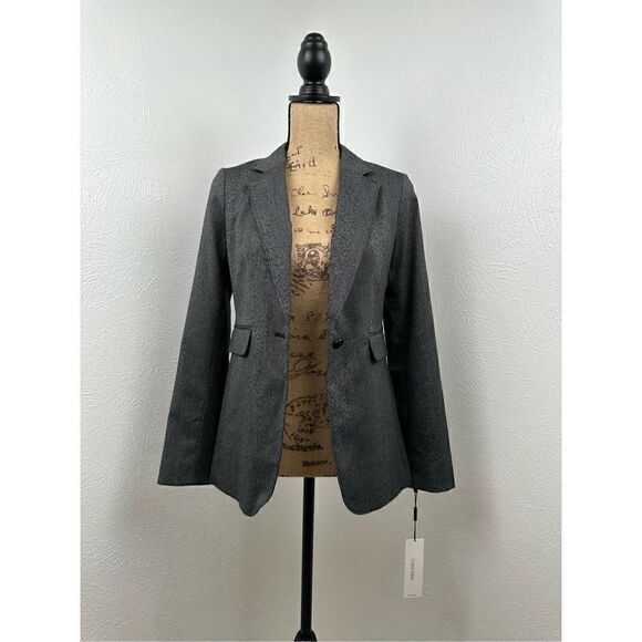 Calvin Klein Women’s Petite Black/Cream Herringbone One-Button Jacket Size 4P - Picture 1 of 9